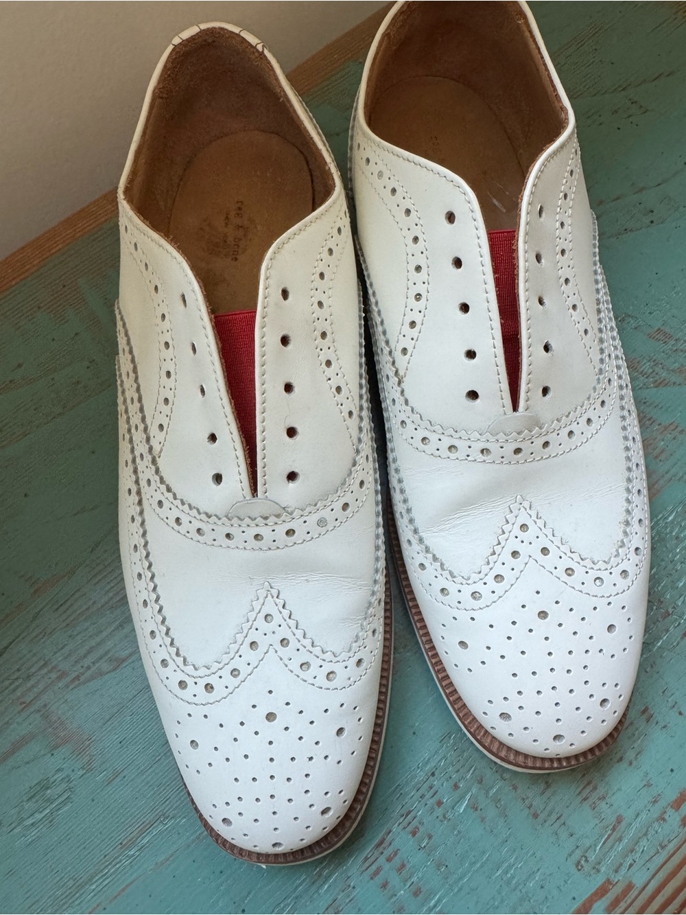 Rag & Bone White Leather Wingtip Flats with Red Elastic Insets